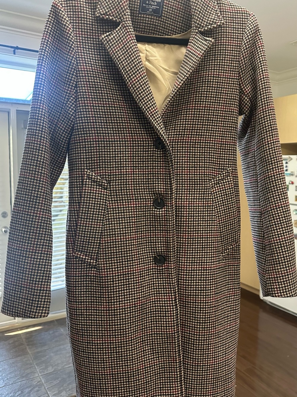 Abercrombie & Fitch Women's Houndstooth Pea Coat in Black, Brown, Tan & Red